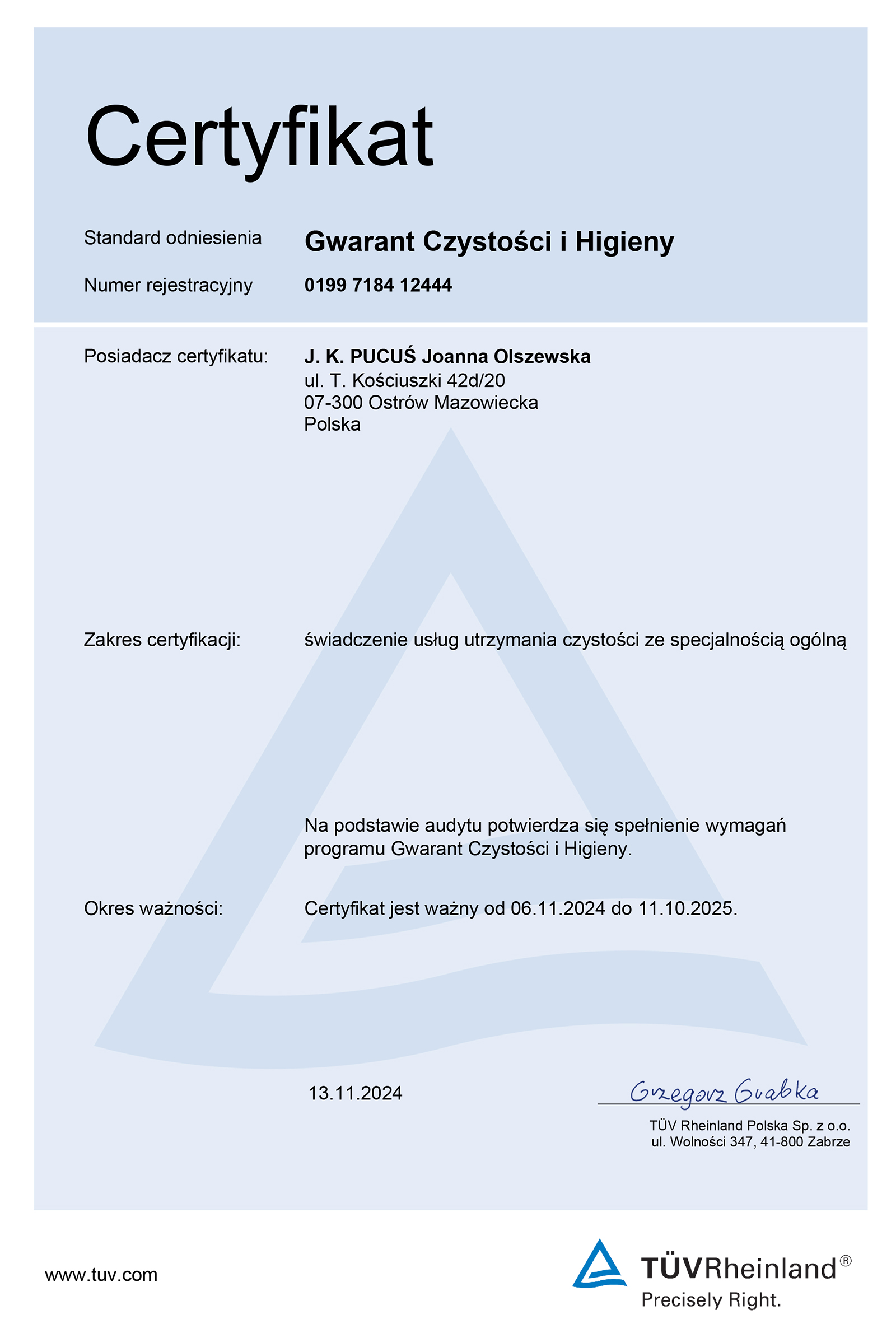 Certyfikat Gwarant Czystości i Higieny 2024